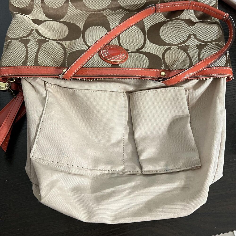 Coach Tote Bag Womens Medium Brown Signature Avary Canvas Orange Patent Trim - Picture 3 of 15